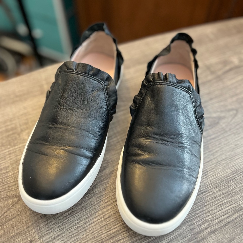 kate spade Black Leather Ruffle Flats